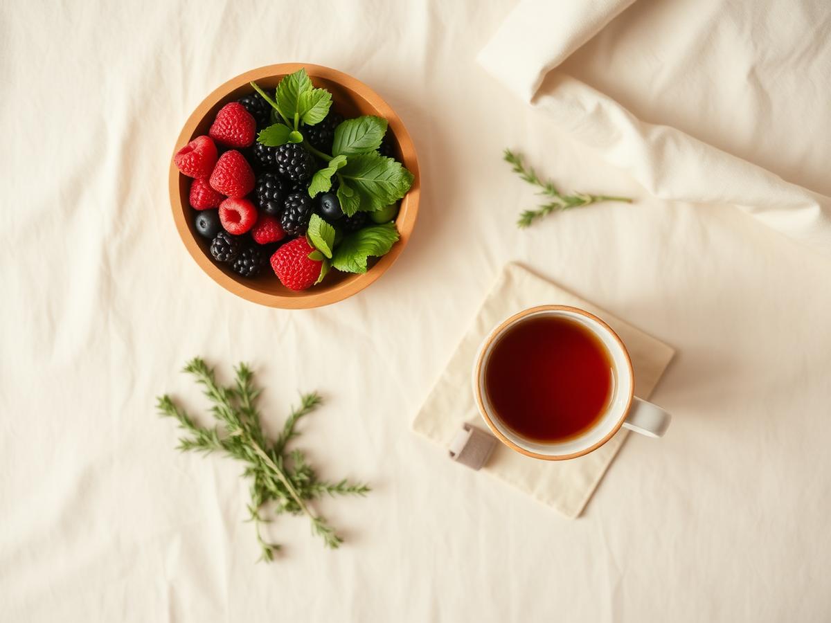 A wooden bowl of berries and mint next to a cup of herbal tea.